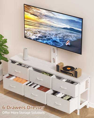 TV Stand with Mount, Fabric Dresser with 6 Drawers for 32/45/55/60/65/75 inch TVs, White Dresser Entertainment Center, Modern Media TV Console Table